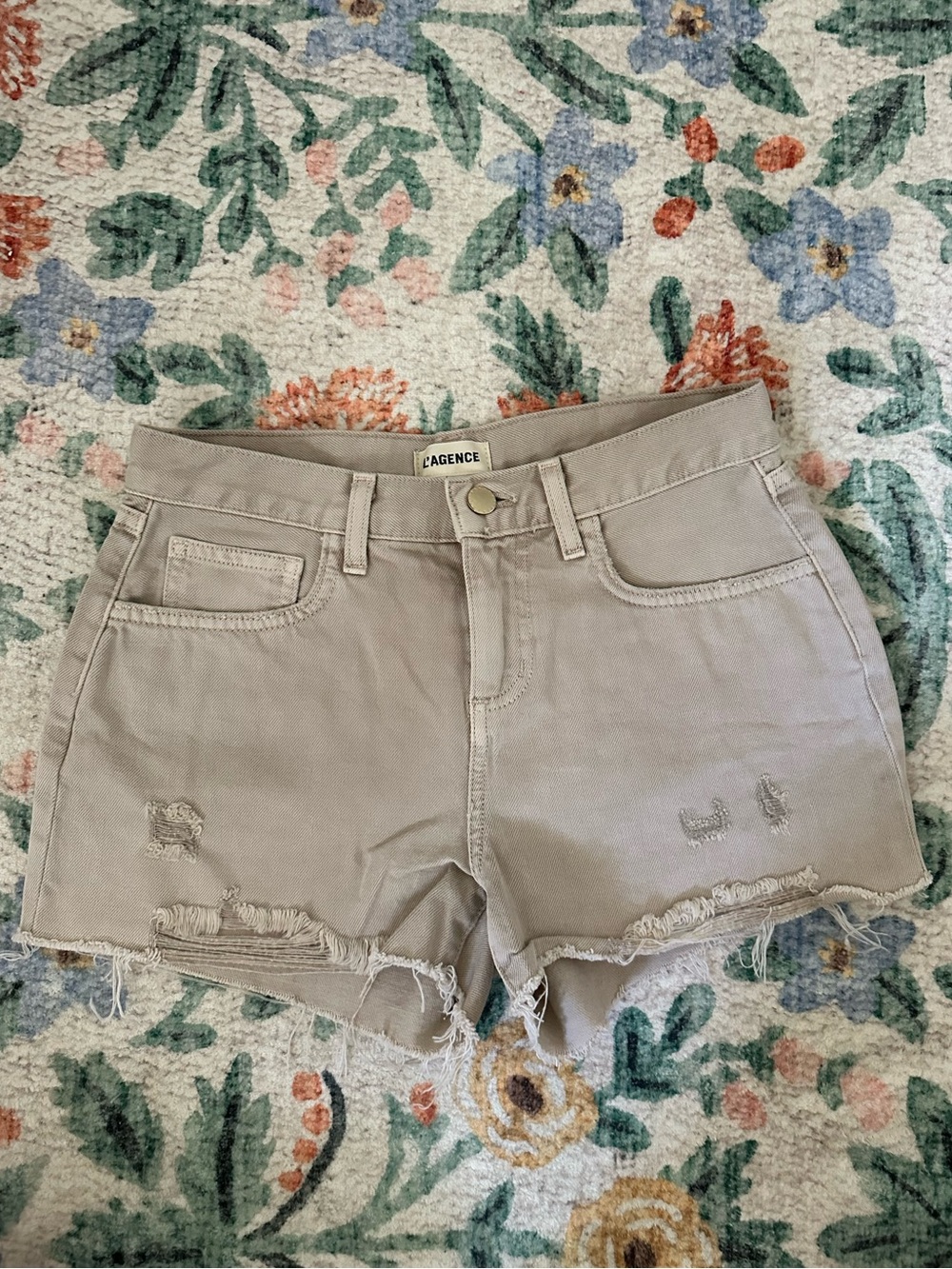 L'AGENCE Taupe Distressed Frayed Denim Shorts